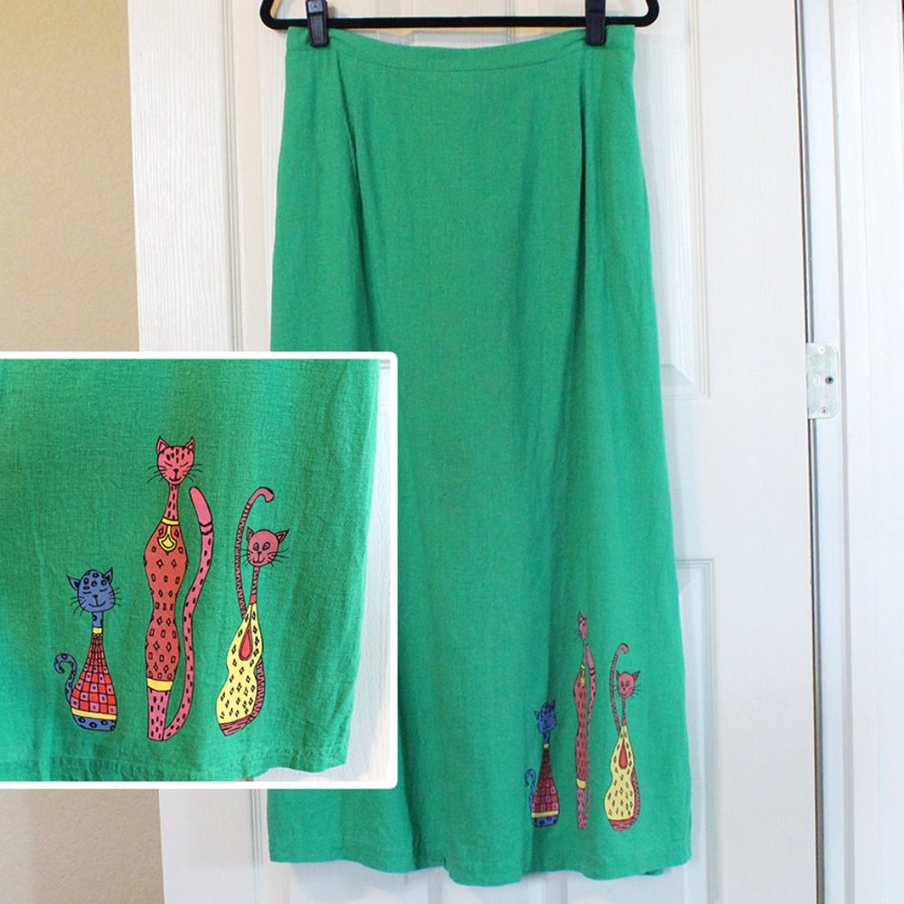 VTG Green Linen Cat Graphic Maxi Skirt